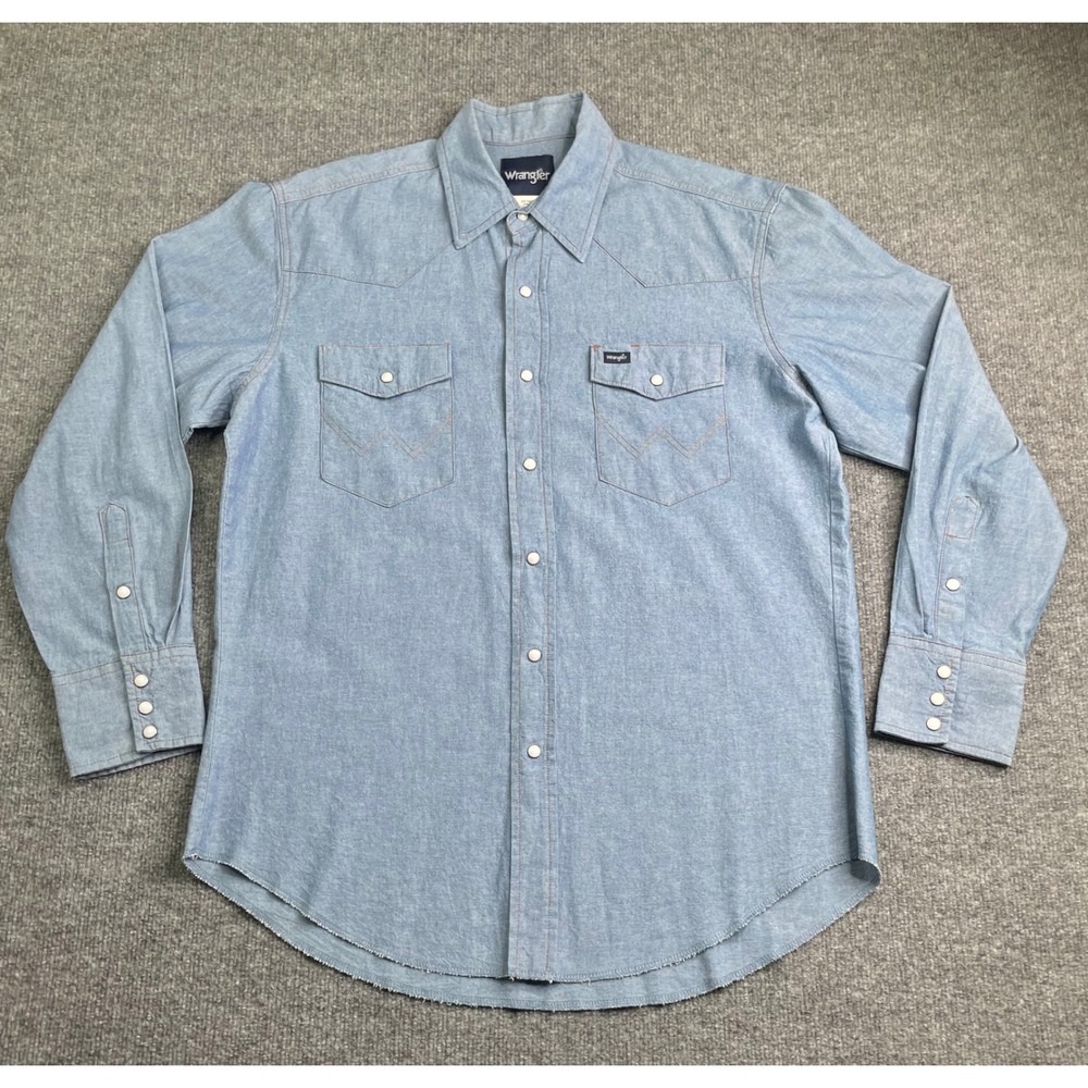 Wrangler Western Shirt Mens Large Blue Chambray Denim Pearl Snap Long Sleeve